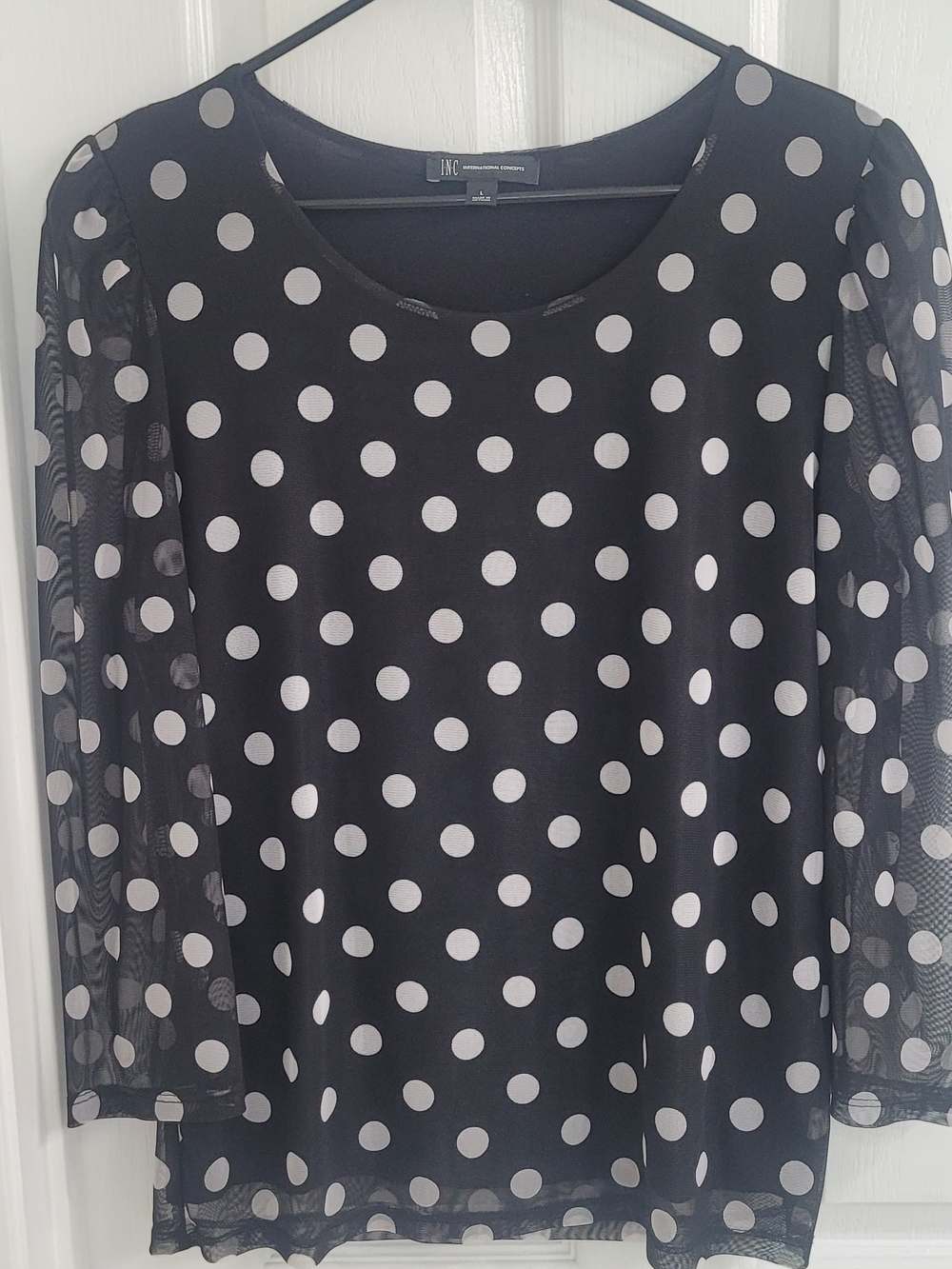 INC International Concepts Black Polka Dot Mesh Sleeve Top